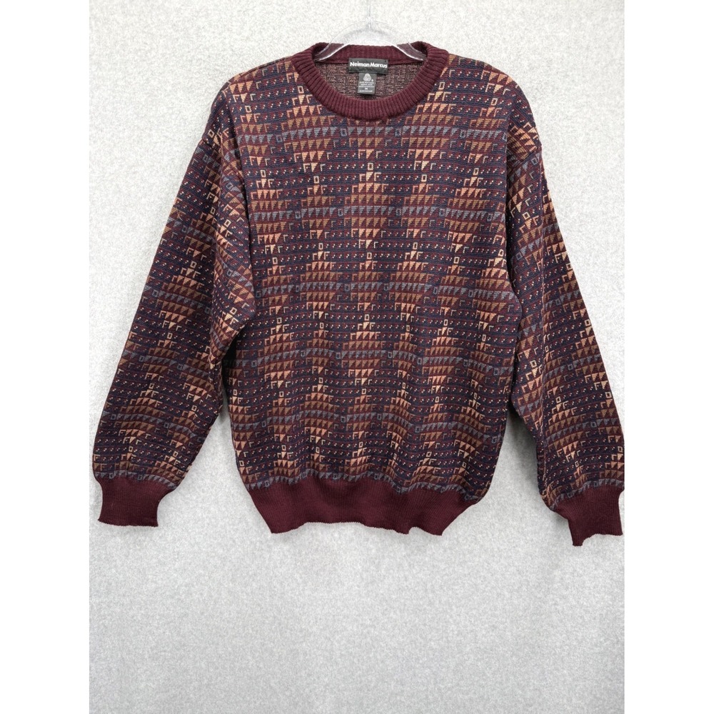 Neiman Marcus Sweater Mens Medium Burgundy Geometric Merino Wool Pullover